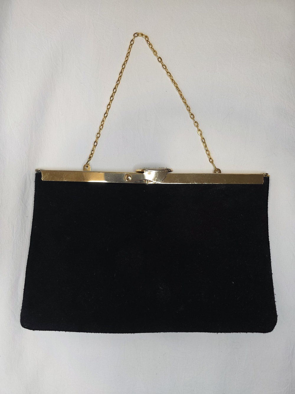 Vintage 1960's Etra Black Suede Evening Bag Gold Chain Lift Latch Clasp